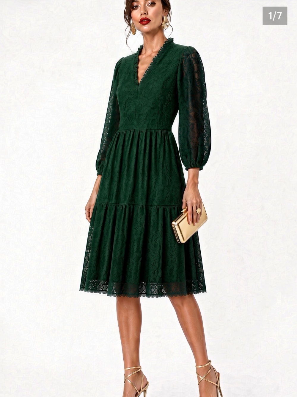 Jessica Howard Dark Green Lace V-Neck Tiered Midi Dress